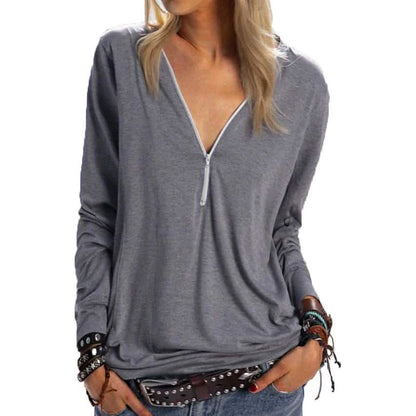 Women's Long Sleeve Zipper Quarter Zip V Neck Casual Top DailySale