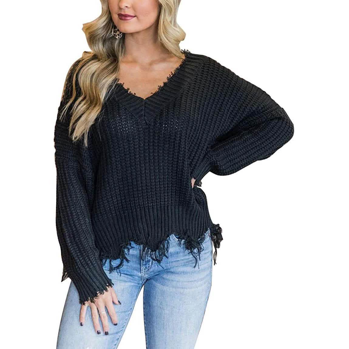 Women's Loose Knitted Sweater Long Sleeve V-Neck Ripped Pullover Sweaters Crop Top Knit Jumper DailySale