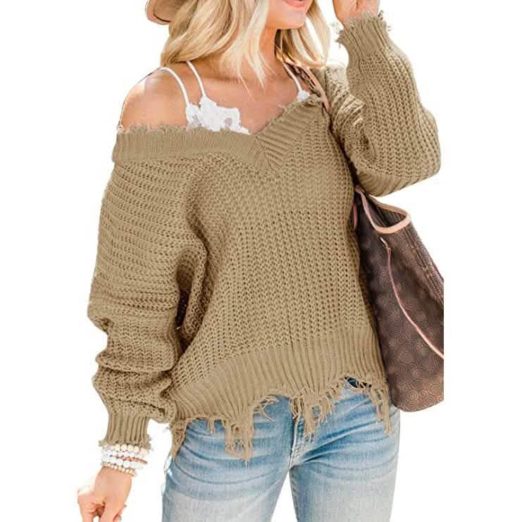 Women's Loose Knitted Sweater Long Sleeve V-Neck Ripped Pullover Sweaters Crop Top Knit Jumper DailySale