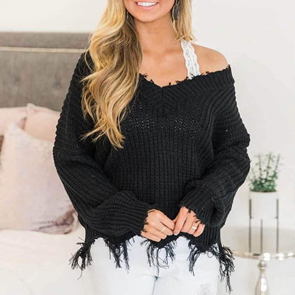 Women's Loose Knitted Sweater Long Sleeve V-Neck Ripped Pullover Sweaters Crop Top Knit Jumper DailySale