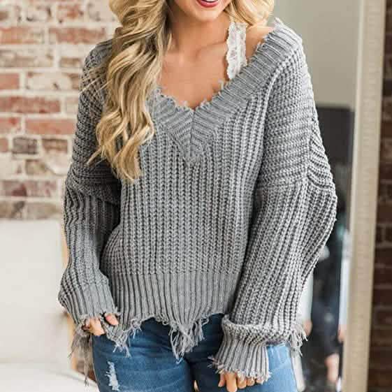 Women's Loose Knitted Sweater Long Sleeve V-Neck Ripped Pullover Sweaters Crop Top Knit Jumper DailySale