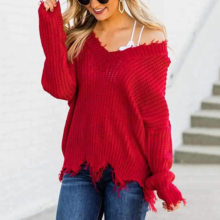 Women's Loose Knitted Sweater Long Sleeve V-Neck Ripped Pullover Sweaters Crop Top Knit Jumper DailySale