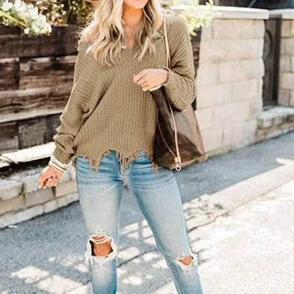 Women's Loose Knitted Sweater Long Sleeve V-Neck Ripped Pullover Sweaters Crop Top Knit Jumper DailySale