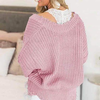 Women's Loose Knitted Sweater Long Sleeve V-Neck Ripped Pullover Sweaters Crop Top Knit Jumper DailySale