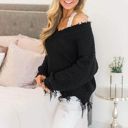 Women's Loose Knitted Sweater Long Sleeve V-Neck Ripped Pullover Sweaters Crop Top Knit Jumper DailySale