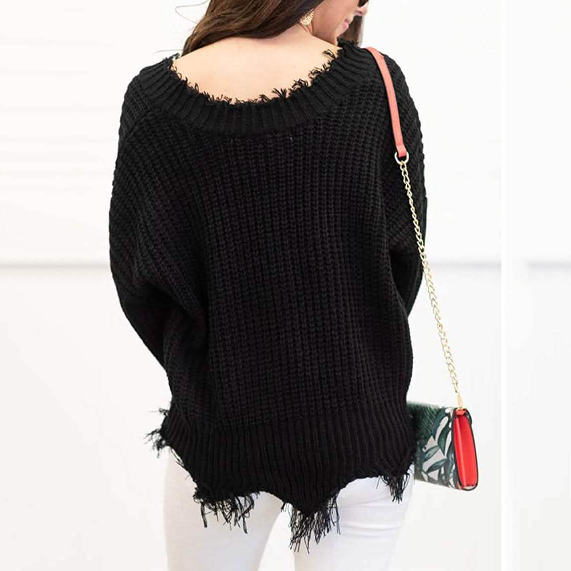Women's Loose Knitted Sweater Long Sleeve V-Neck Ripped Pullover Sweaters Crop Top Knit Jumper DailySale