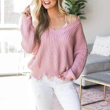 Women's Loose Knitted Sweater Long Sleeve V-Neck Ripped Pullover Sweaters Crop Top Knit Jumper DailySale