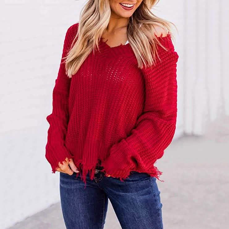 Women's Loose Knitted Sweater Long Sleeve V-Neck Ripped Pullover Sweaters Crop Top Knit Jumper DailySale