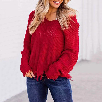 Women's Loose Knitted Sweater Long Sleeve V-Neck Ripped Pullover Sweaters Crop Top Knit Jumper DailySale