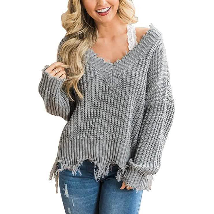 Women's Loose Knitted Sweater Long Sleeve V-Neck Ripped Pullover Sweaters Crop Top Knit Jumper DailySale