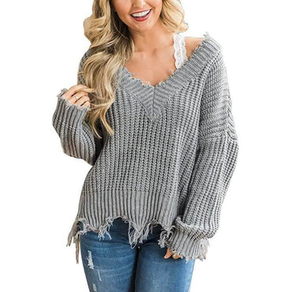 Women's Loose Knitted Sweater Long Sleeve V-Neck Ripped Pullover Sweaters Crop Top Knit Jumper DailySale