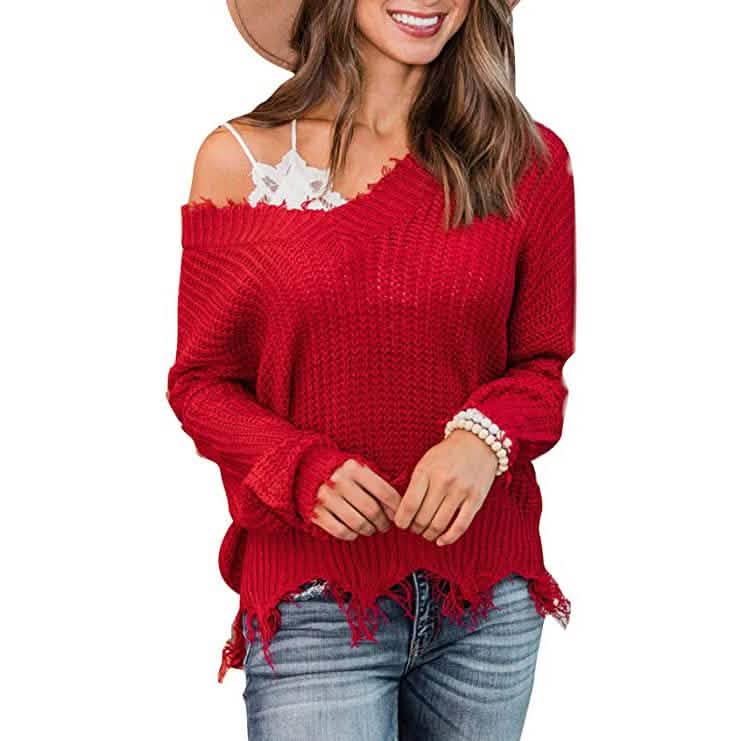 Women's Loose Knitted Sweater Long Sleeve V-Neck Ripped Pullover Sweaters Crop Top Knit Jumper DailySale
