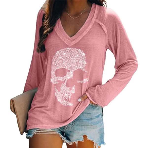 Women's Loose Skull Printed Long Sleeved V-neck Shirts Cotton Tops DailySale