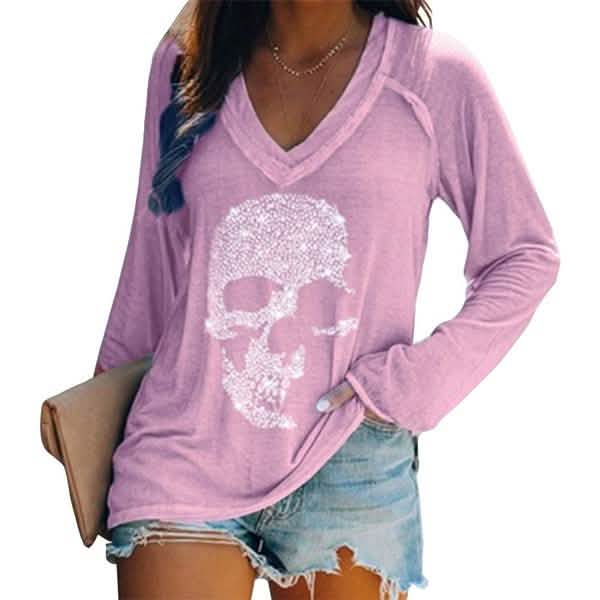 Women's Loose Skull Printed Long Sleeved V-neck Shirts Cotton Tops DailySale