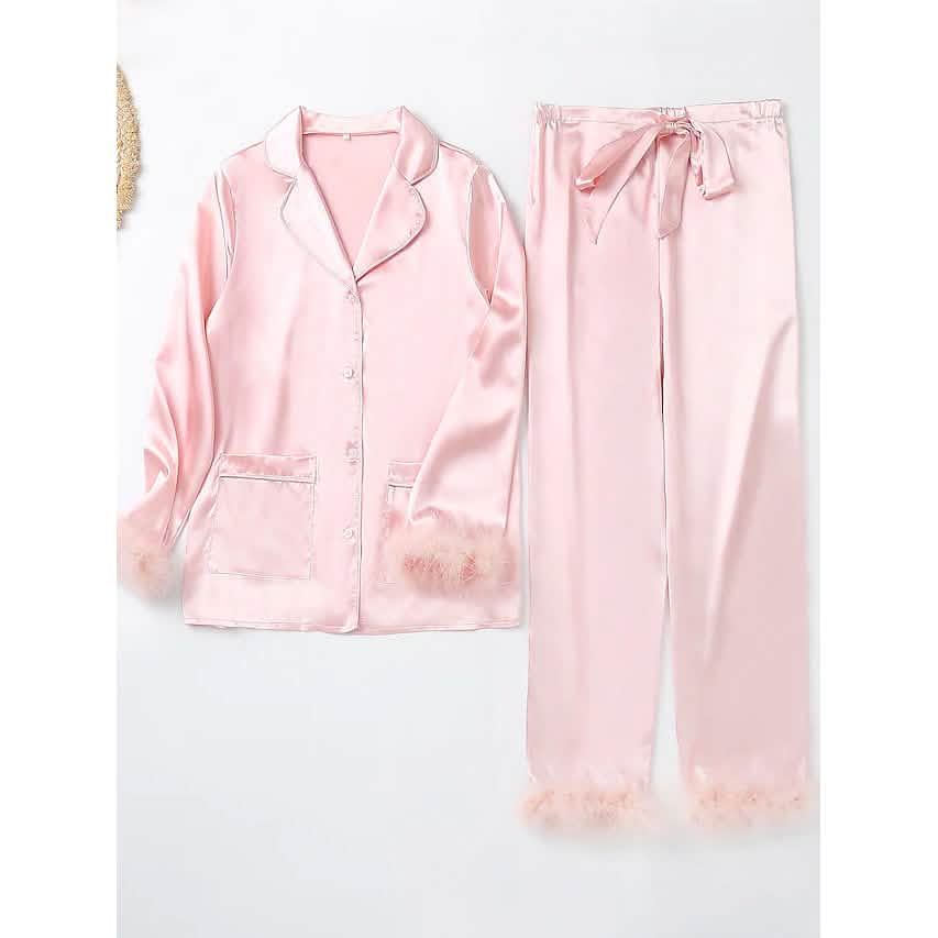 Women's Loungewear Pajamas Sets Pure Color Silk Simple Soft Shirt Pant DailySale