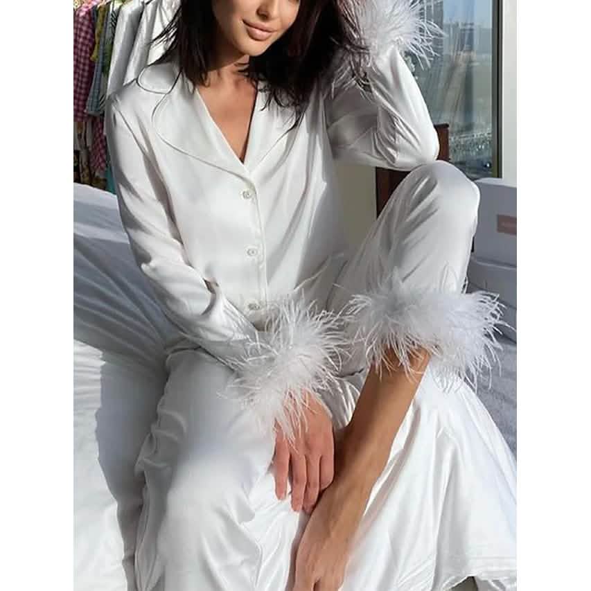 Women's Loungewear Pajamas Sets Pure Color Silk Simple Soft Shirt Pant DailySale