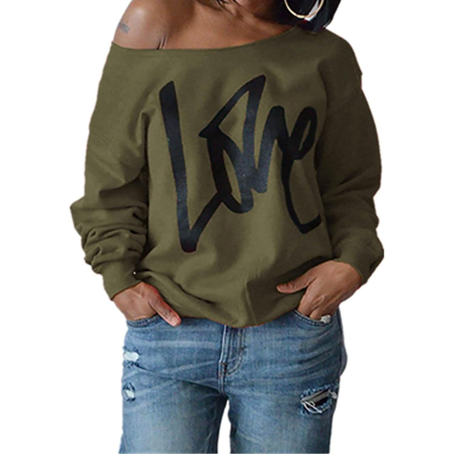 Womens Love Letter Printed Off Shoulder Pullover Sweatshirt Slouchy Tops Shirts DailySale