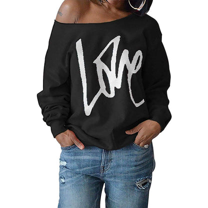 Womens Love Letter Printed Off Shoulder Pullover Sweatshirt Slouchy Tops Shirts DailySale