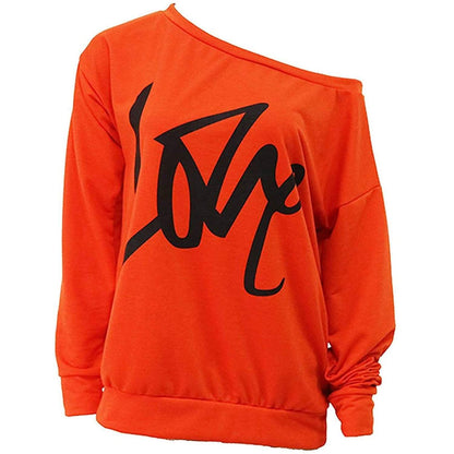 Womens Love Letter Printed Off Shoulder Pullover Sweatshirt Slouchy Tops Shirts DailySale