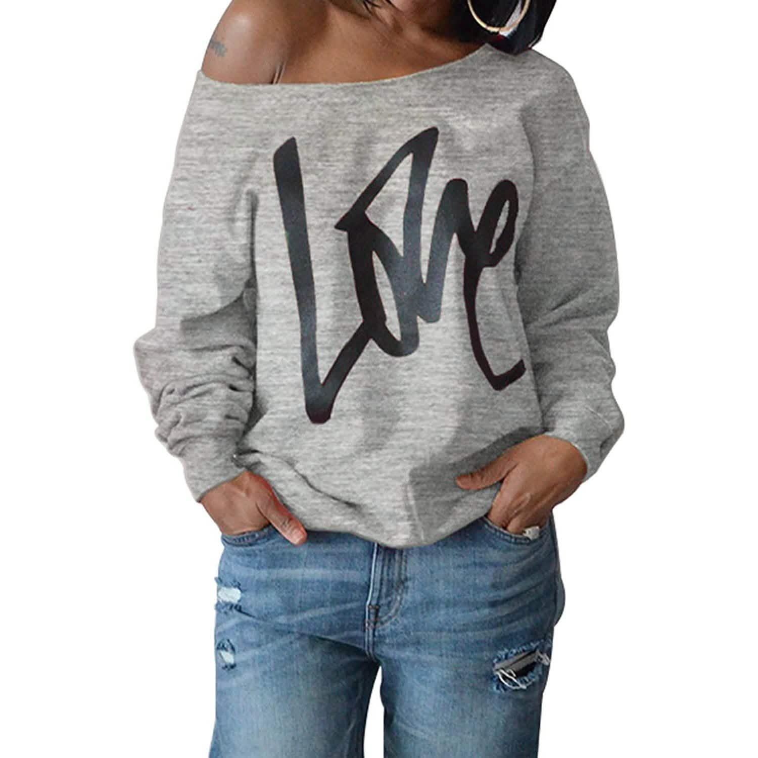 Womens Love Letter Printed Off Shoulder Pullover Sweatshirt Slouchy Tops Shirts DailySale