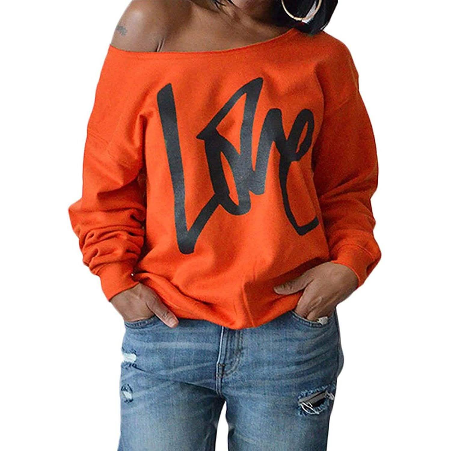 Womens Love Letter Printed Off Shoulder Pullover Sweatshirt Slouchy Tops Shirts DailySale