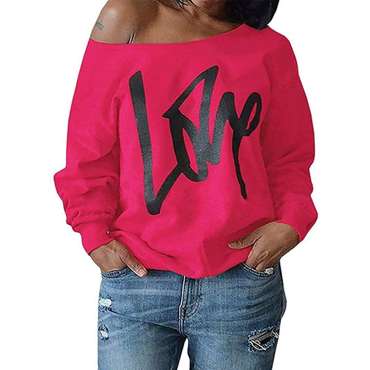 Womens Love Letter Printed Off Shoulder Pullover Sweatshirt Slouchy Tops Shirts DailySale