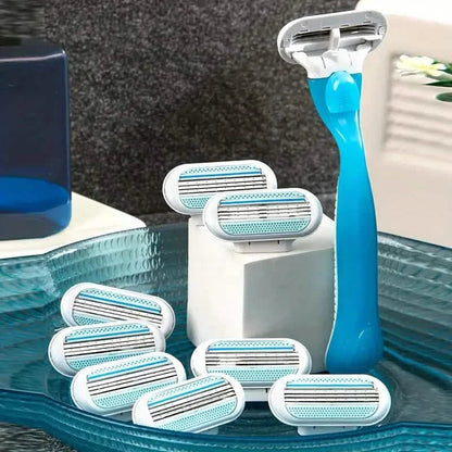 Women's Manual Hair Removal Tool, 1 Handle + 8 Blades, 3-layer Stainless Steel Blades, Non Slip Handle DailySale