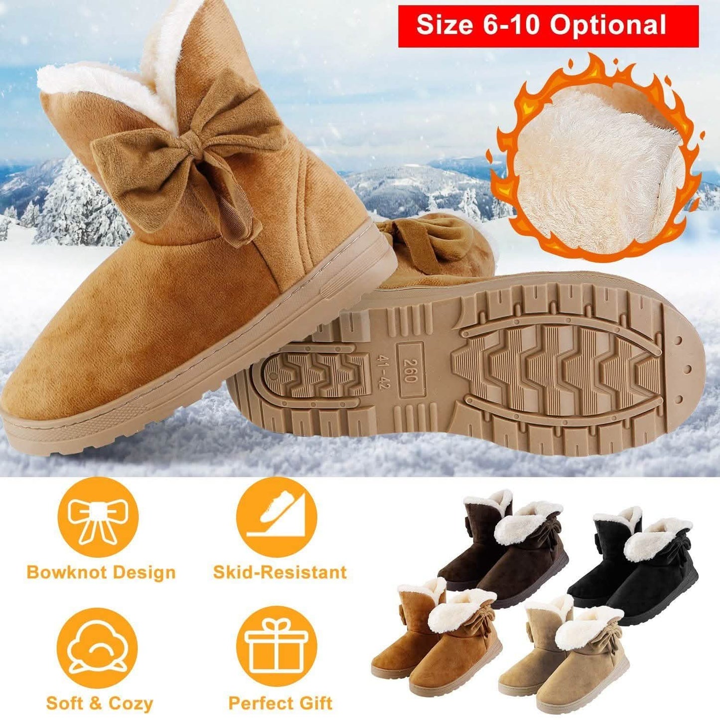 Womens Mid-Calf Winter Shoes with Anti Slip Rubber Base Bowknot DailySale