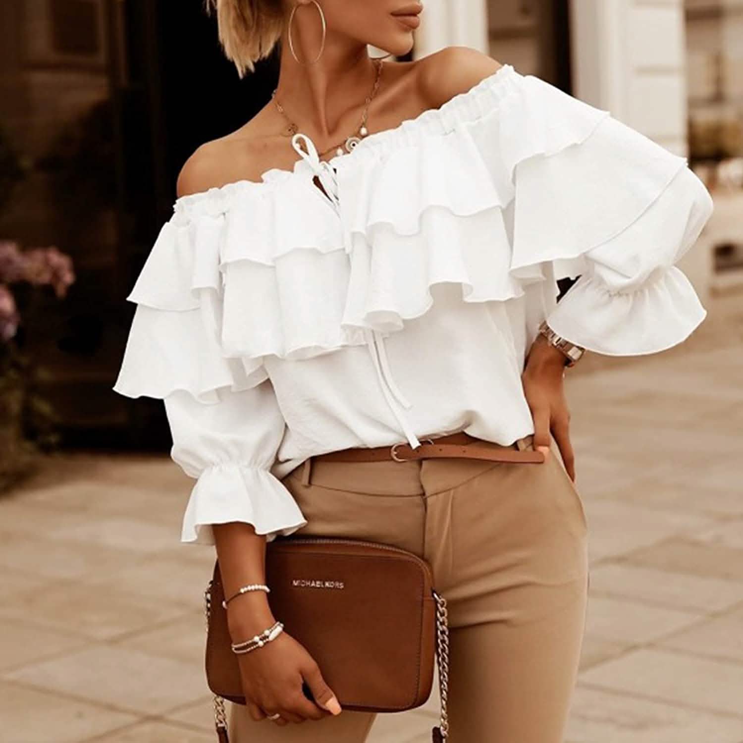 Women's Off Shoulder Ruffle Long Sleeve Shirt Casual Layered Top DailySale