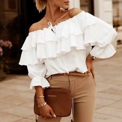 Women's Off Shoulder Ruffle Long Sleeve Shirt Casual Layered Top DailySale