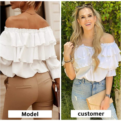 Women's Off Shoulder Ruffle Long Sleeve Shirt Casual Layered Top DailySale