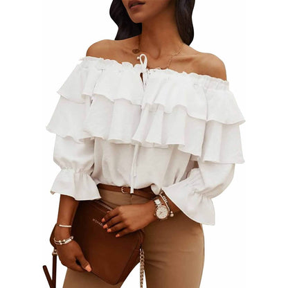 Women's Off Shoulder Ruffle Long Sleeve Shirt Casual Layered Top DailySale