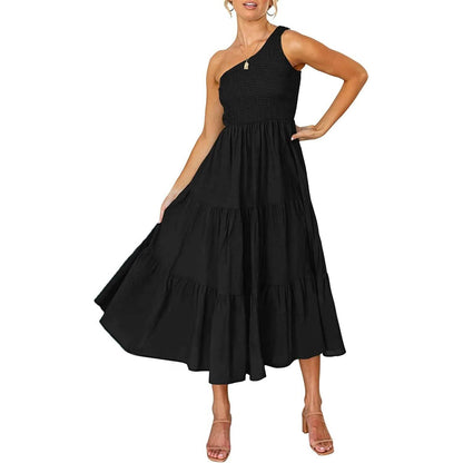 Womens One Shoulder Sleeveless Smocked Ruffle Tiered Beach Long Midi Dress DailySale