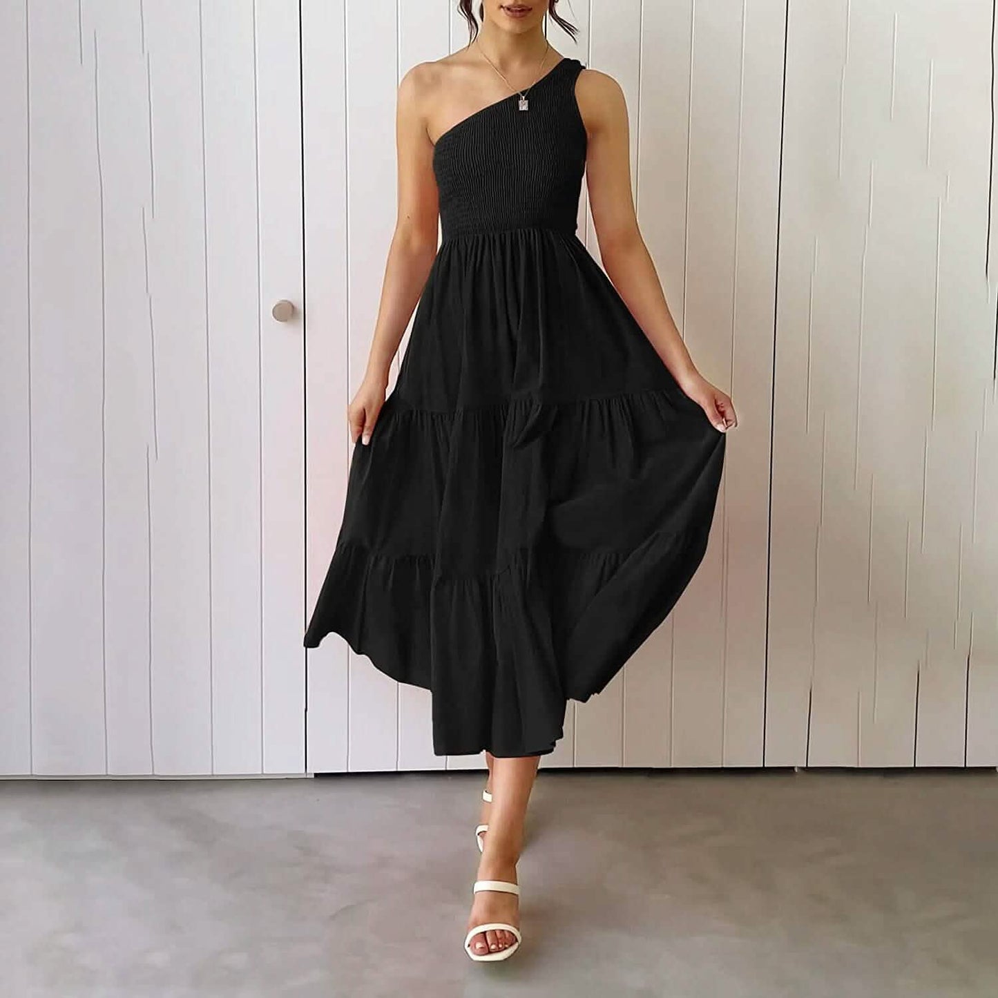 Womens One Shoulder Sleeveless Smocked Ruffle Tiered Beach Long Midi Dress DailySale