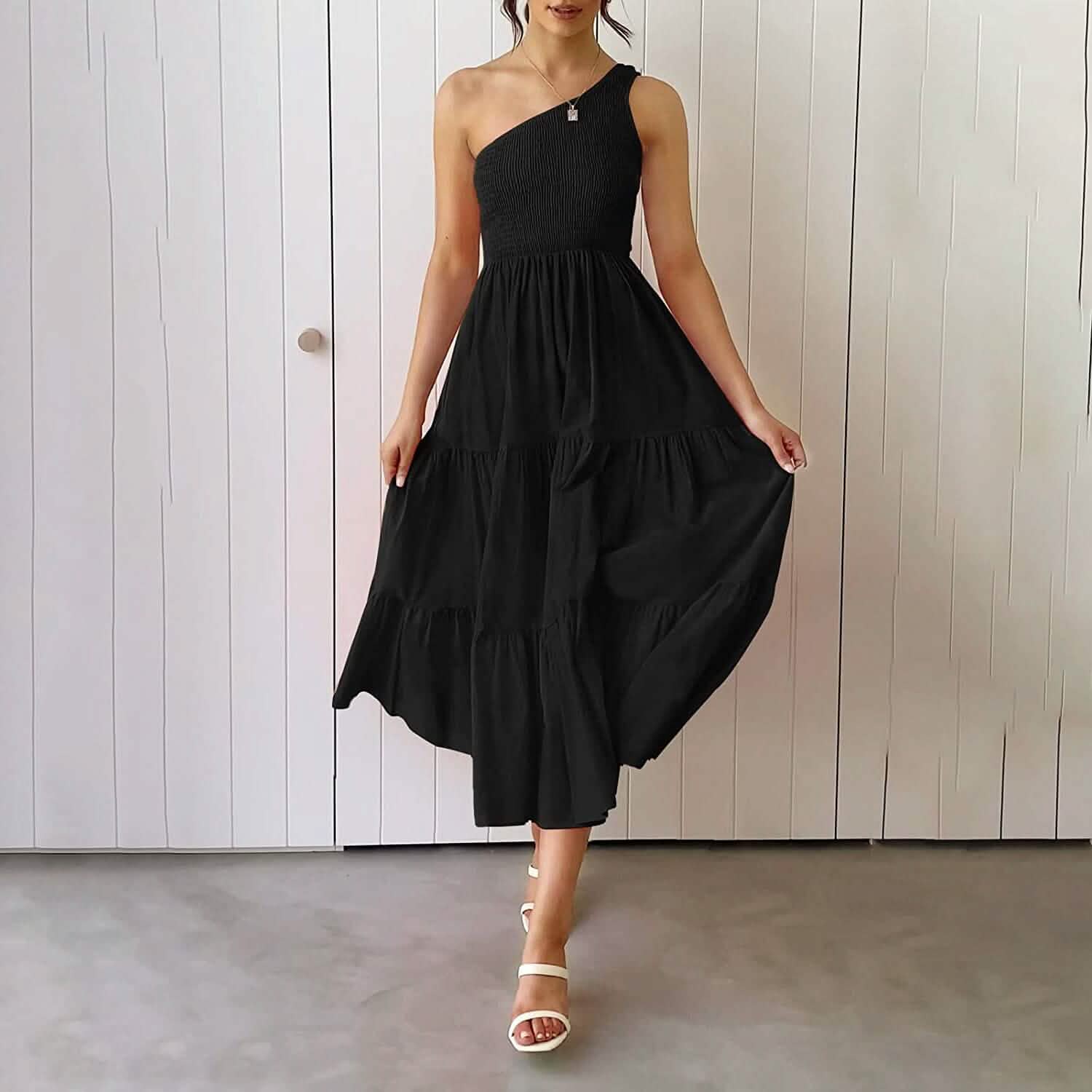 Womens One Shoulder Sleeveless Smocked Ruffle Tiered Beach Long Midi Dress DailySale