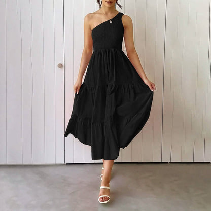 Womens One Shoulder Sleeveless Smocked Ruffle Tiered Beach Long Midi Dress DailySale