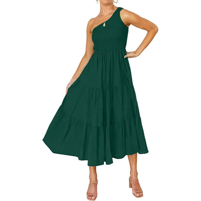 Womens One Shoulder Sleeveless Smocked Ruffle Tiered Beach Long Midi Dress DailySale