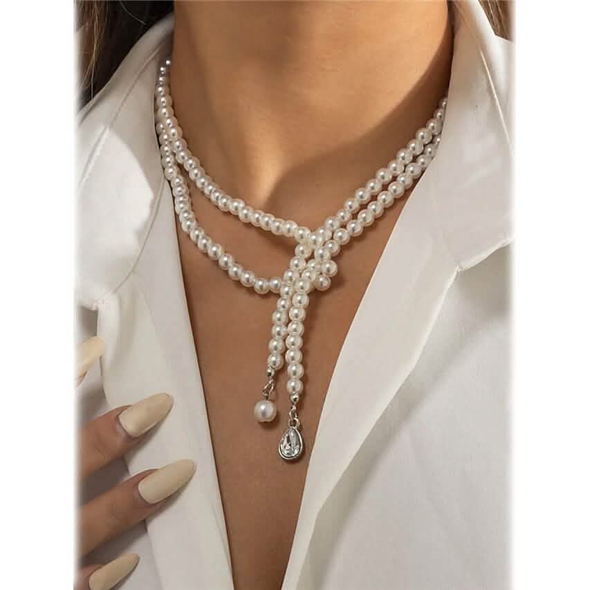 Women's Elegant Multi-Layered Faux Pearl Necklace, Boho Tassel Pendant, Dual-Strand Jewelry DailySale