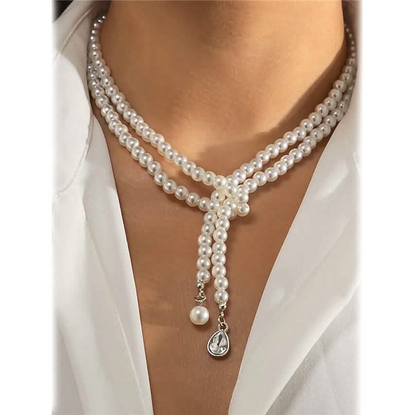 Women's Elegant Multi-Layered Faux Pearl Necklace, Boho Tassel Pendant, Dual-Strand Jewelry DailySale
