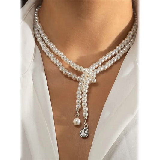 Women's Elegant Multi-Layered Faux Pearl Necklace, Boho Tassel Pendant, Dual-Strand Jewelry DailySale