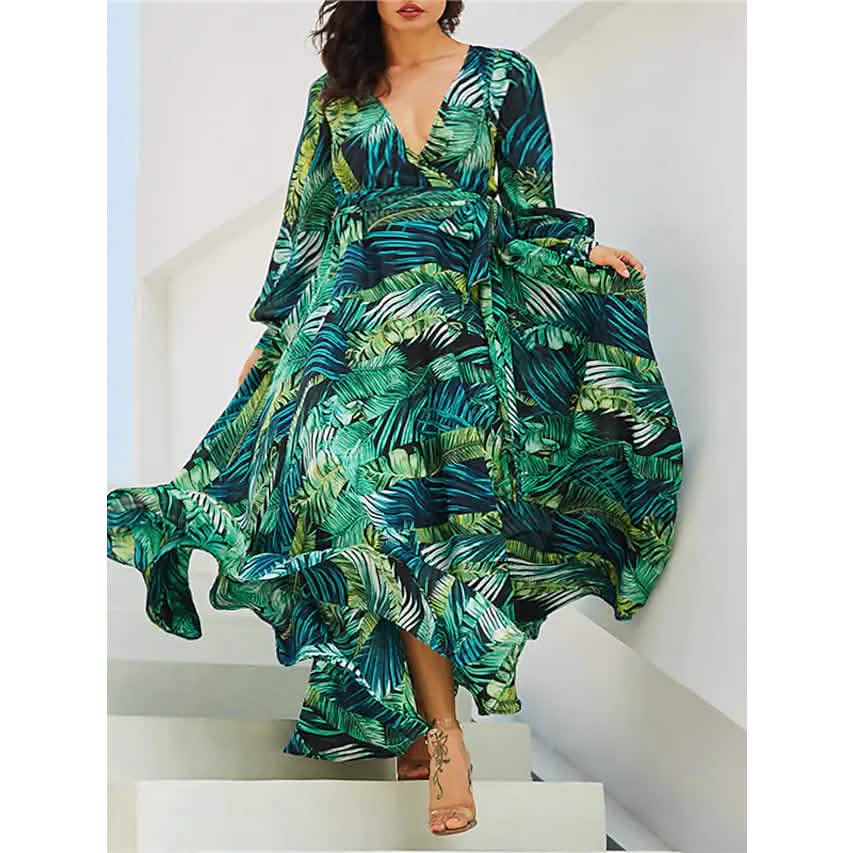 Women's Plus Size A Line Dress Floral V Neck Print Lantern Sleeve DailySale