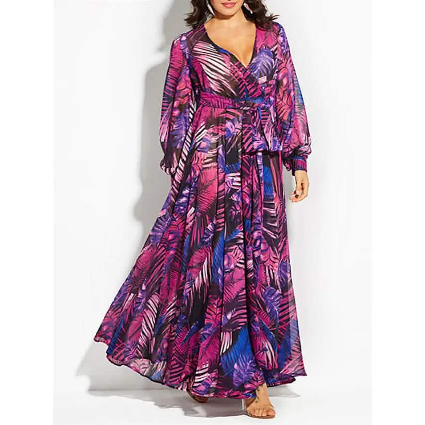 Women's Plus Size A Line Dress Floral V Neck Print Lantern Sleeve DailySale