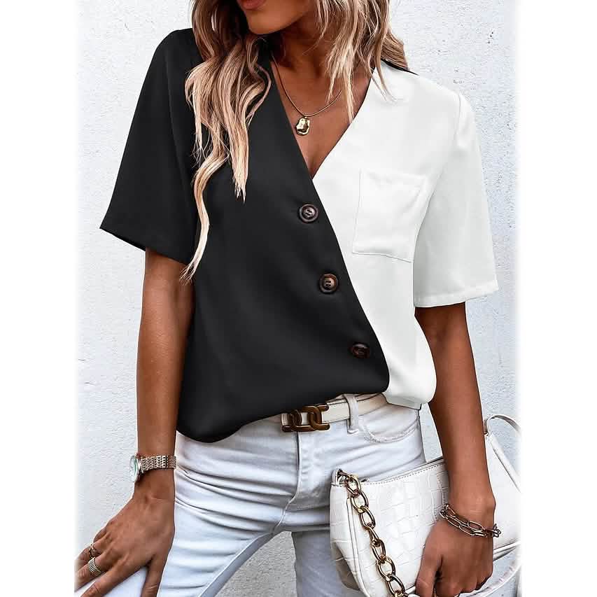 Women's Pocket Button V-Neck Short Sleeve Shirt DailySale