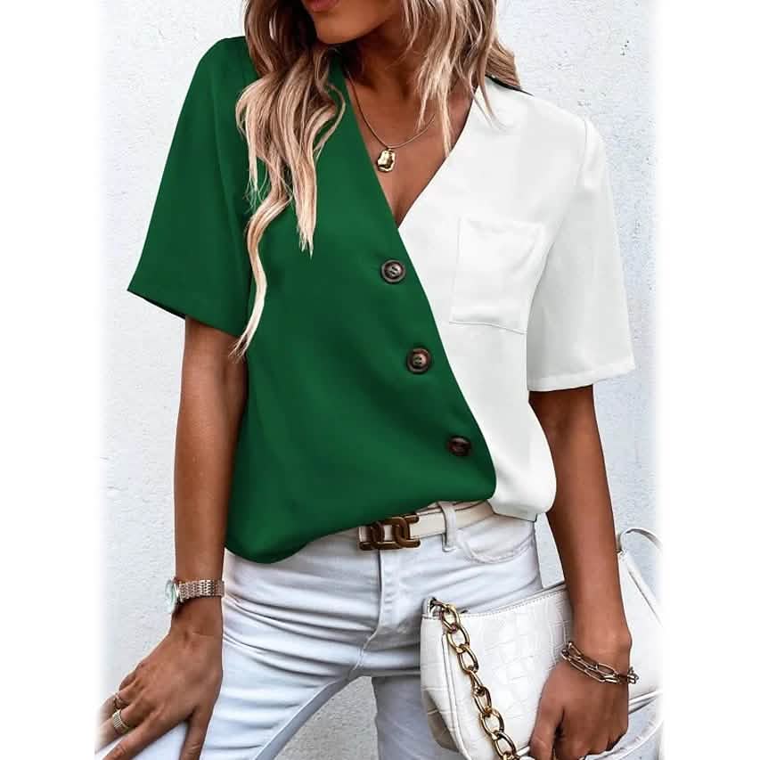 Women's Pocket Button V-Neck Short Sleeve Shirt DailySale