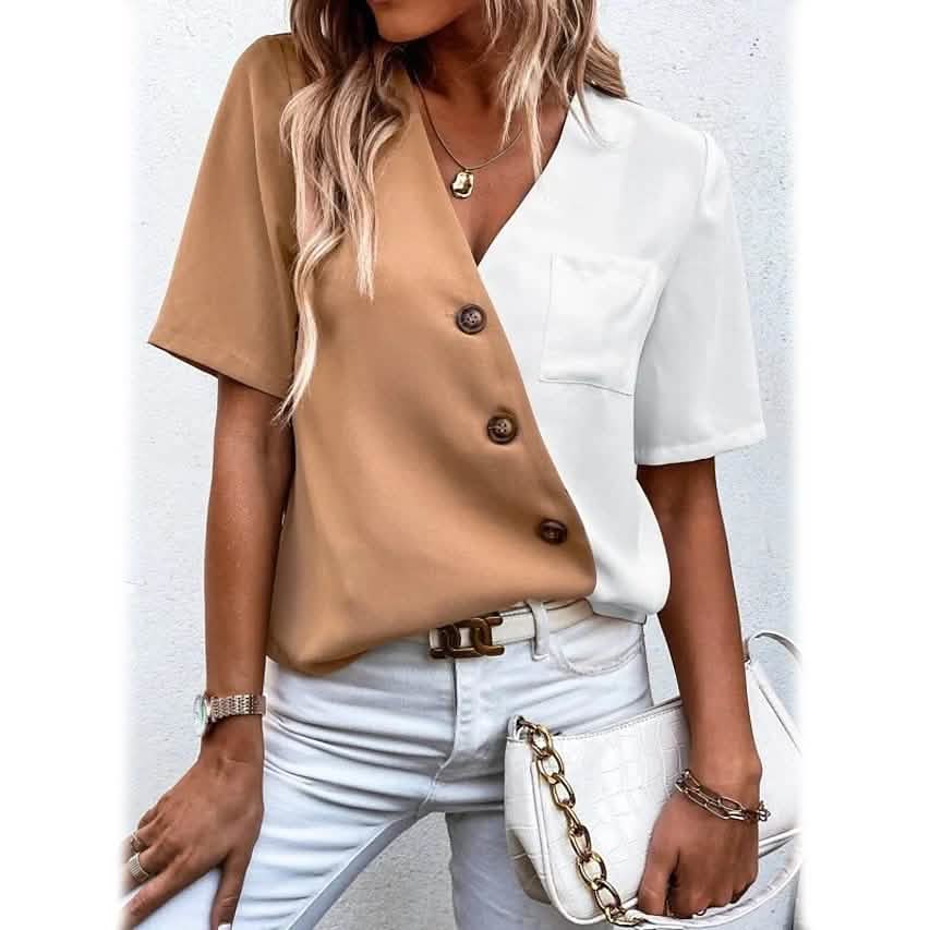 Women's Pocket Button V-Neck Short Sleeve Shirt DailySale