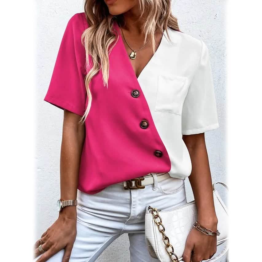 Women's Pocket Button V-Neck Short Sleeve Shirt DailySale
