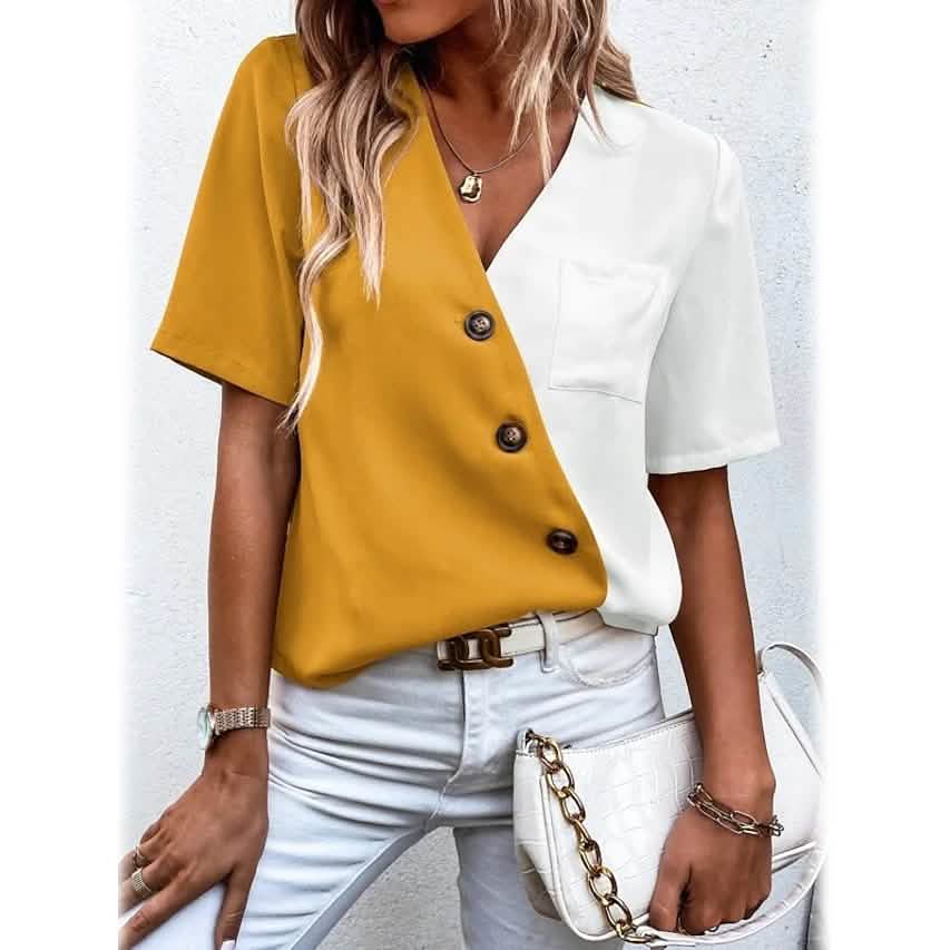 Women's Pocket Button V-Neck Short Sleeve Shirt DailySale