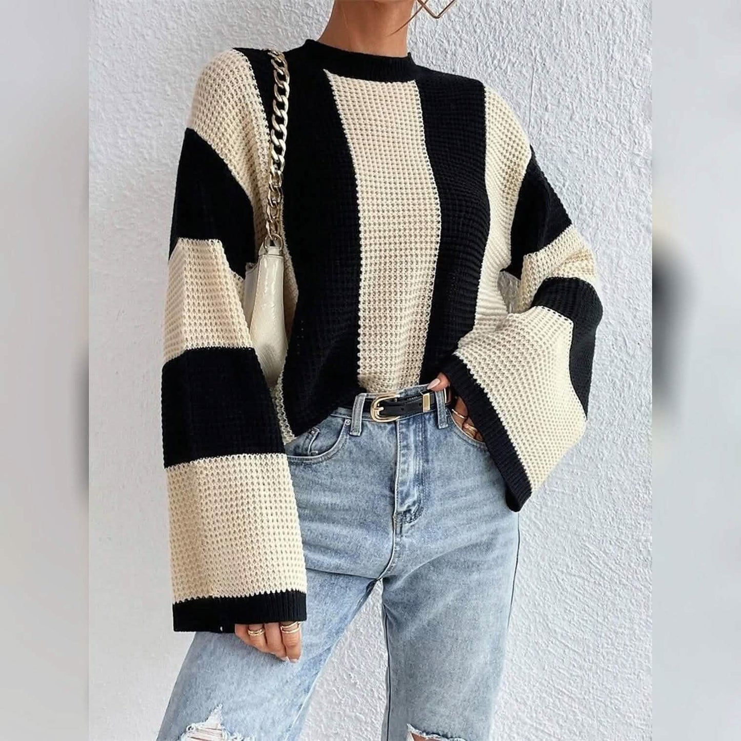 Women's Pullover Ribbed Knit Patchwork Striped Sweater DailySale
