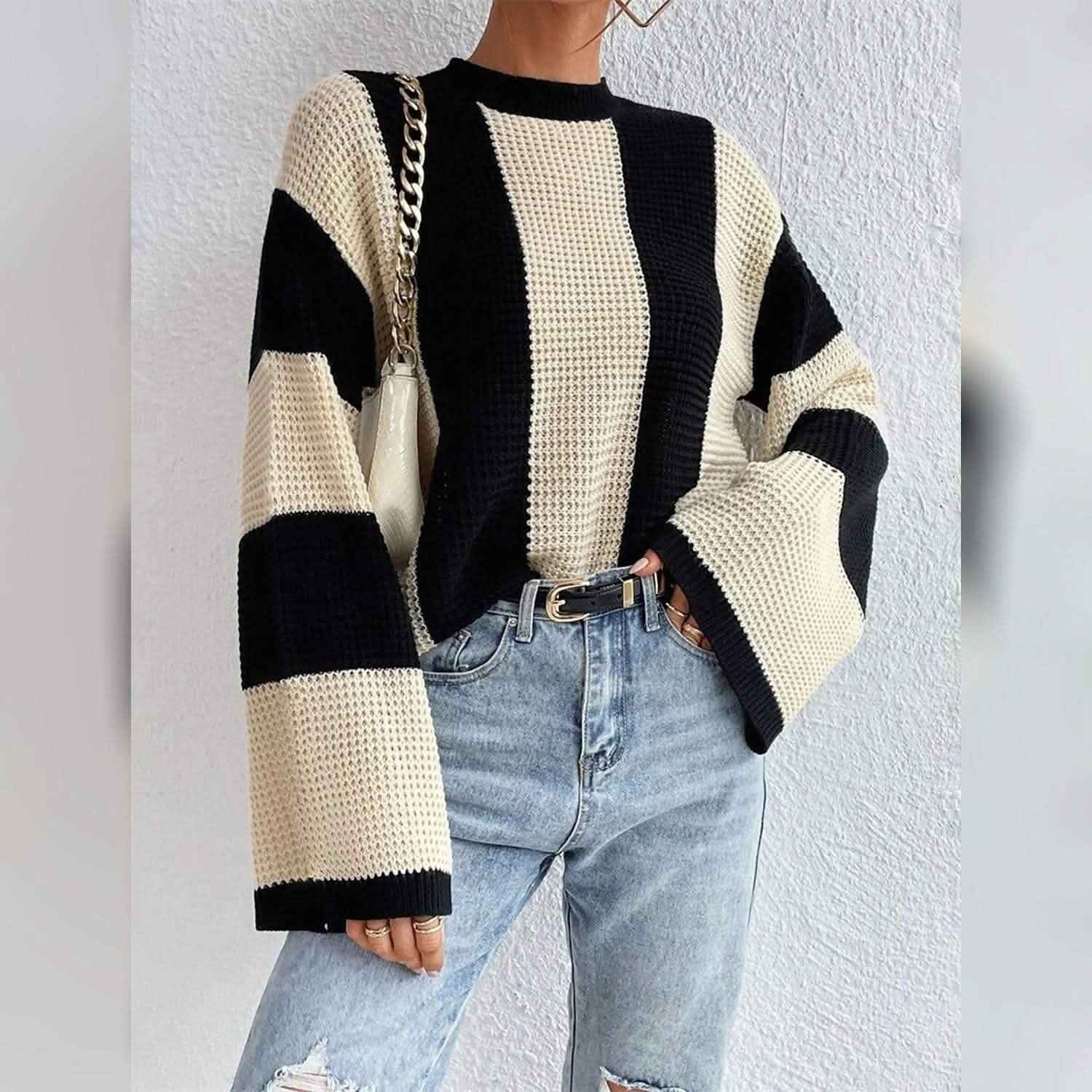Women's Pullover Ribbed Knit Patchwork Striped Sweater DailySale