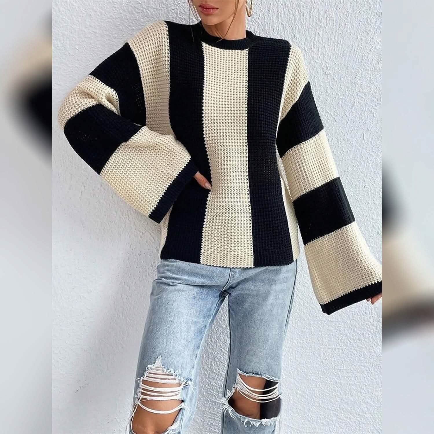 Women's Pullover Ribbed Knit Patchwork Striped Sweater DailySale